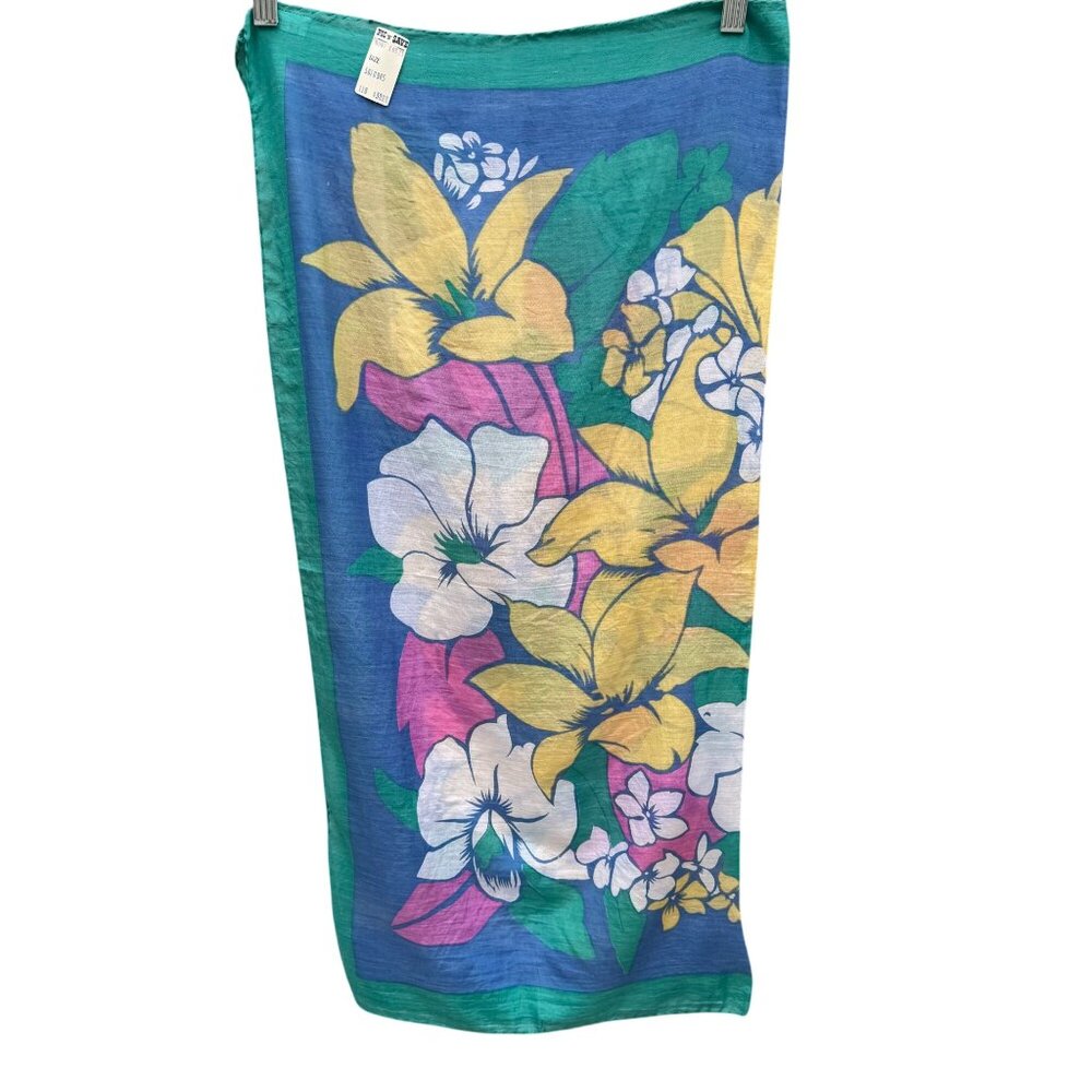 Pic N Save Vintage Hawaiian Square Floral Scarf Bold Yellow Pink‎ Blue Green - Picture 3 of 12